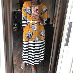 Floral Striped High-Low Dress (Mustard)